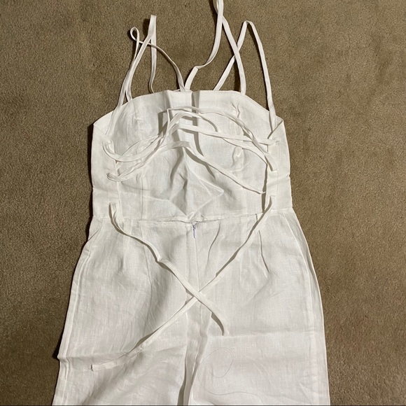 New white linen lace up back jumpsuit with pockets - Picture 3 of 5